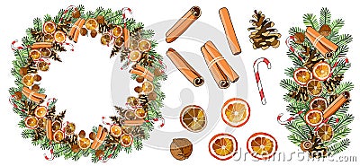 Vector Round Christmas wreath with cinnamon sticks, dried oranges, caramel cane and walnut Stock Photo