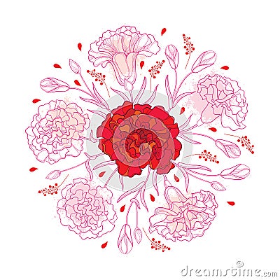 Vector round composition with outline Carnation or Clove. Flower bunch, bud and leaves in red and pastel pink isolated on white. Vector Illustration