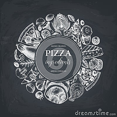 Vector round design with hand drawn pizza ingredients sketches. Vintage frame for pizzeria or cafe menu with meat, seafood, cheese Cartoon Illustration