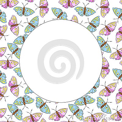 Vector round frame, border from contoured cute pink and blue butterflys in doodle flat style. Simple color background Stock Photo