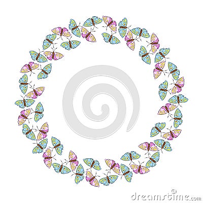 Vector round frame, border from contoured cute pink and blue butterflys. Simple color background, decoration Vector Illustration