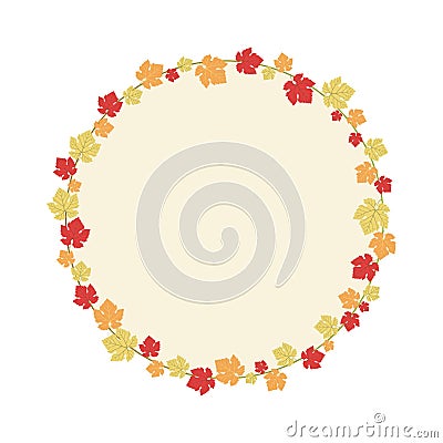 Vector round frame decorated with colorful autumn grape leaves. Vector Illustration