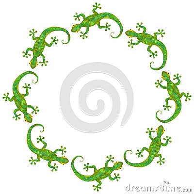 Vector round frame of green gecko lizards Vector Illustration