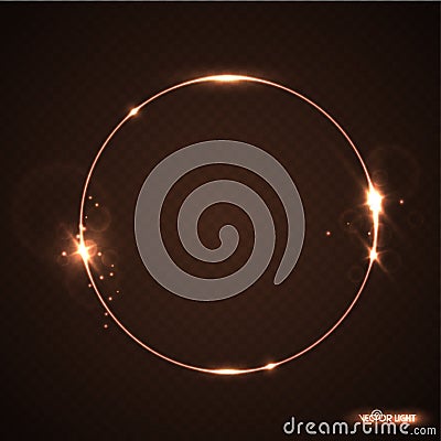 Vector round frame with sparks and spotlight. Shining circle banner. Vector illustration isolated on black transparent background. Vector Illustration