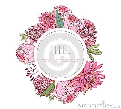 Vector round frame,wreath with summer flowers in vintage style. Pion, aster. For greeting card, template banner Vector Illustration