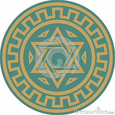 Vector round gold and green jewish national ornament. Star of David. Vector Illustration