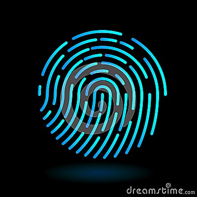 Vector round icon fingerprint symbol of finger in line art design on black background - neon blue cyan color Vector Illustration