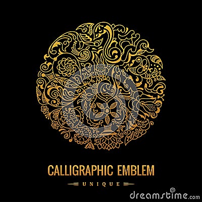 Vector round logo. Golden elegant calligraphic logo. Can be used for packaging coffee design Vector Illustration