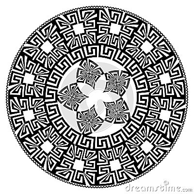 Vector round mandala vector pattern. Black greek key meanders geometric ornament on white background. Decorative floral mandala Vector Illustration