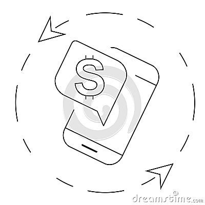Vector round symbol of currency with dollar sign, mobile phone and arrows for mobile apps. Line icon for financial transactions. Vector Illustration