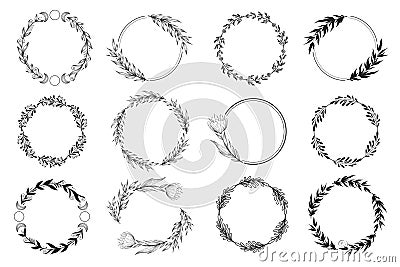 Vector round wreaths collection with hand drawn flowers, leaves and branches isolated on white background. Floral design templates Vector Illustration