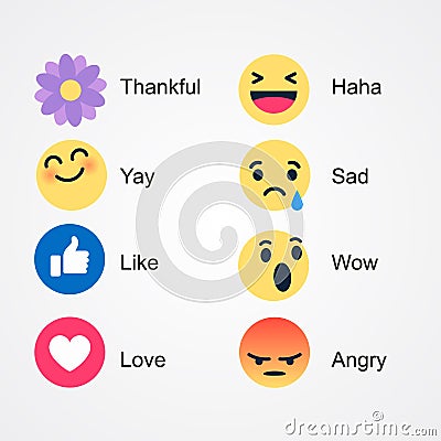 Vector round yellow cartoon bubble emoticons for social media chat comment reactions, icon template face tear, smile, sad, flower, Vector Illustration