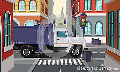 Vector rubbish truck on crossroad, municipal service Vector Illustration