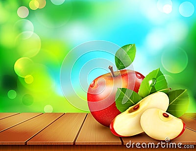 Vector ruddy apple with apple slices lying on a wooden table on Vector Illustration