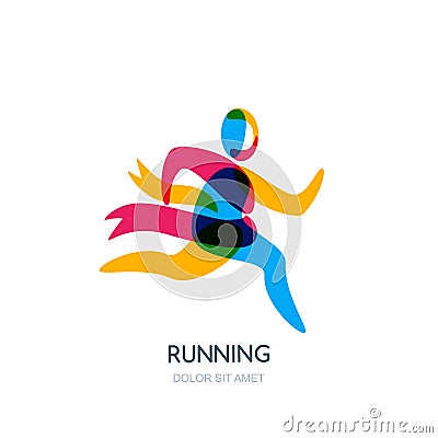 Vector running human logo, emblem or icon design element. Sport man with ribbon of winner overlapping illustration. Vector Illustration