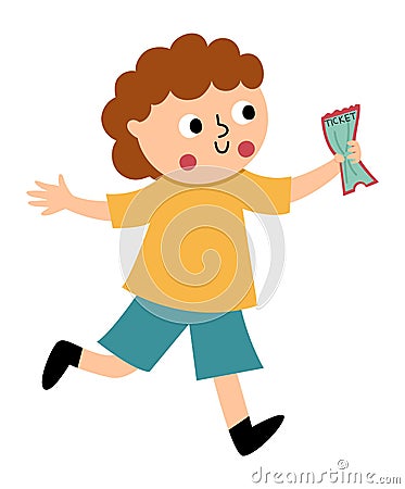 Vector running little boy with ticket in hand. Kid looking forward to see show or play. Spectator icon isolated on white Vector Illustration