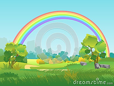 Vector Rural Landscape with Rainbow. Summertime Background with Park, Tree, Sky Illustration Vector Illustration