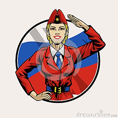 Russian Women Soldier Saluting with Circle Flag Background Vector Illustration