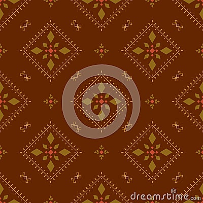 Vector rustic seamless pattern with rhombuses, stylized foliage. Brown and green ornate geometric background in ethnic style Vector Illustration