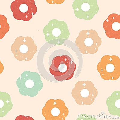 Vector 60s inspired Sparkling Daisies with Retro Texture on Soft Beige seamless pattern background design. Perfect for Vector Illustration