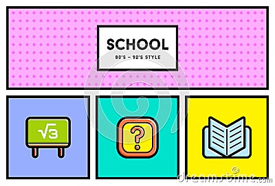 Vector 80's or 90's Stylish School Education Icon Set with Retro Vector Illustration