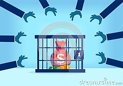 Vector of a sack of money desired by many people being trapped inside a locked cage Stock Photo