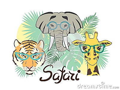 Vector Safari illustration with animals - elephant, tiger, giraffe Vector Illustration