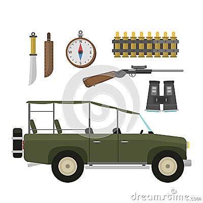 Vector safari travel compass, rifle, binoculars and jeep car. Vector Illustration