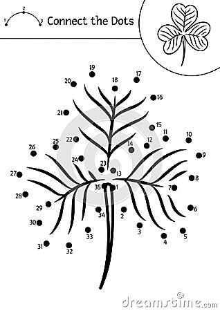 Vector Saint Patrick dot-to-dot and color activity with cute shamrock leaf. Spring holiday connect the dots game for children. Stock Photo