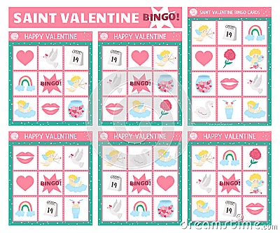 Vector Saint Valentine bingo cards set. Fun family lotto board game with cute cupid, heart, rose, swan, dove for kids. Love Vector Illustration