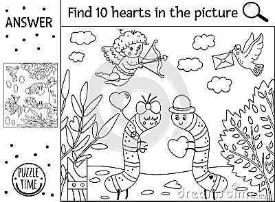 Vector Saint Valentine day black and white searching game with cute caterpillars in the garden. Find hidden hearts in the picture Vector Illustration