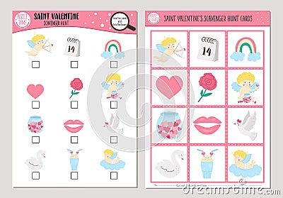 Vector Saint Valentine scavenger hunt cards set. Seek and find game with cute cupid, heart, rose, swan, dove for kids. Love Vector Illustration