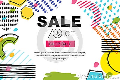 Vector sale banner, poster background. Abstract doodle texture and geometric shapes on white background. Vector Illustration