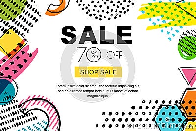 Vector sale banner, poster background. Abstract doodle texture and geometric shapes on white background. Vector Illustration