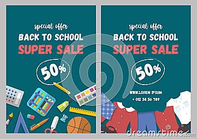 Vector sale flyer, set of school supplies and uniform flat Vector Illustration