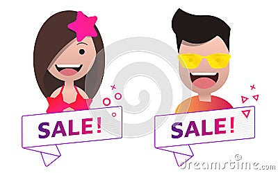 Vector Sale ribbon banner sign with male and female avatar set. Vector Illustration