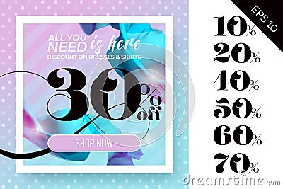 Vector Sale Template with Flying Silk on Polka Dot Pastel Background. Elegant Advertising For Cloth Shop, Fabric Store, Web Vector Illustration