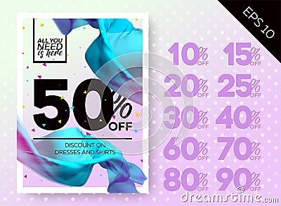 Vector Sale Template with Flying Silk on Polka Dot Pastel Vector Illustration