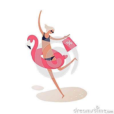 Vector sale woman person banner element. Beach theme. Modern style flat joy female in swimsuit and circle keep bag with discount Stock Photo