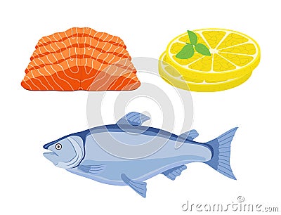 Vector salmon fish, slices of lemon - gourmet meal Vector Illustration