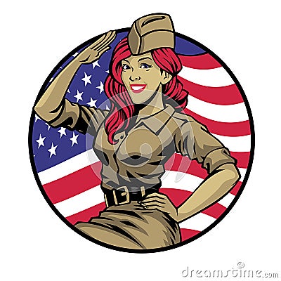 Saluting American World War Women Soldier with Flag at the Background Vector Illustration