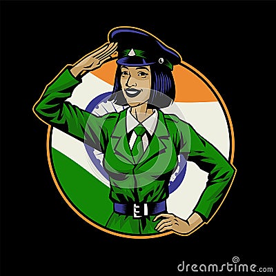 Saluting Indian Military Women with Flag Background Vector Illustration