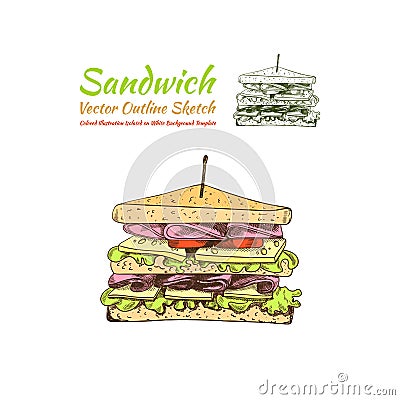 Vector Sandwich Colored and Outline Illustrations Isolated, Fast Food Icons, Sketch Style Drawing. Vector Illustration