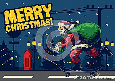 Santa claus ride skateboard around city Vector Illustration