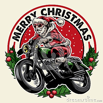 Santa claus riding motorcycle badge Vector Illustration