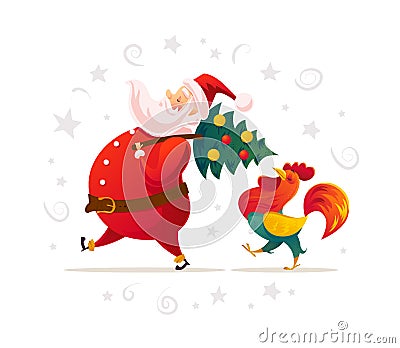 Vector santa and funny rooster characters portrait on white background. Vector Illustration