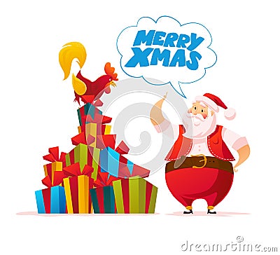 Vector santa and funny rooster characters portrait on white background. Vector Illustration