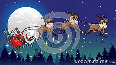 Santa ride sleigh pulled by his reindeers over the night Vector Illustration