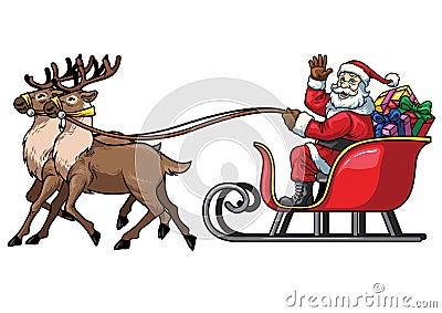 Santa ride sleigh with reindeer in the white background Vector Illustration