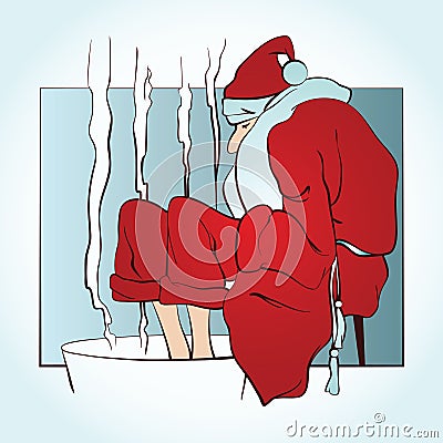 Vector santa warms frozen feet in hot water Vector Illustration